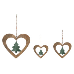 set 3 decori a forma di cuore e albero in legno di mango blanc mariclò